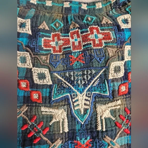 Johnny Was Workshop XL Blue Green Plaid Heavy Embroidery Aztec Western - Picture 13 of 16